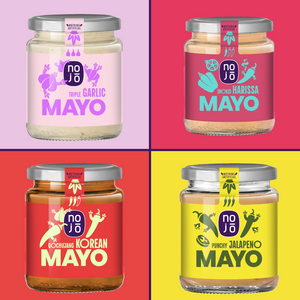 NOJO gourmet mayo bundle – Triple Garlic, Smoked Harissa, Gochujang Korean, and Punchy Jalapeño mayo in vibrant jars with bold, natural ingredients – vegan, no refined sugar, no artificial additives.