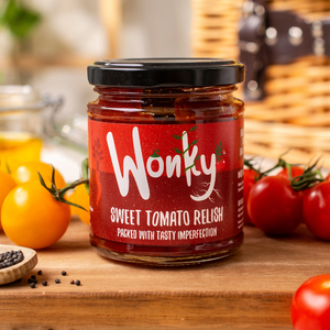 Jar of Wonky Sweet Tomato Relish on a wooden board with tomatoes in the background