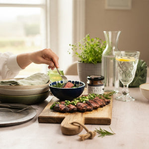 Cotswold Gold steak seasoning rub in a glass jar next to a wooden board with sliced grilled beef and fresh herbs
